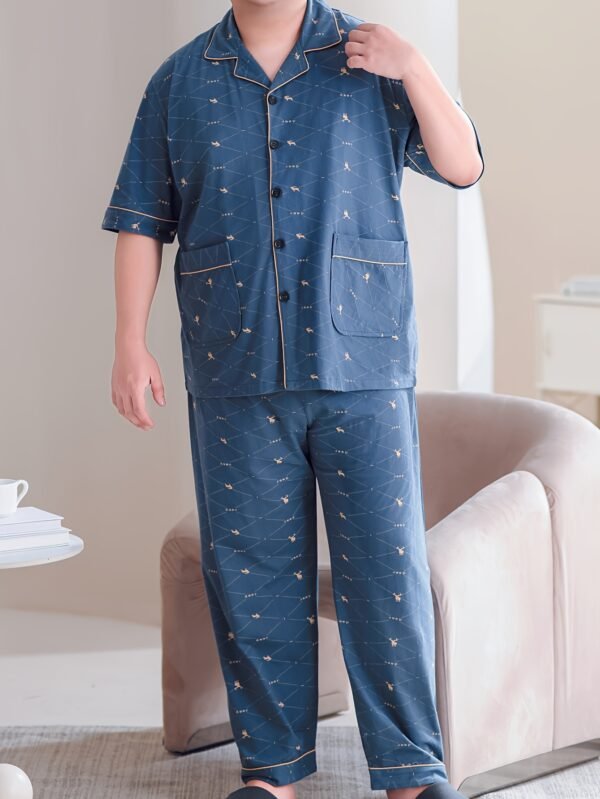 Plus Size Men's 100% Cotton Lapel Cardigan Short Sleeve Long Pants Loungewear, Soft Comfortable Breathable Home Wear, Fits Up to 154.22 KG, PLUS SIZE - Image 4