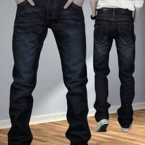 Plus-Size Men’s Stretchy Denim Pants – Comfortable Loose Straight Casual Trousers with Back Pockets & Flaps, All-Season, Plus Size