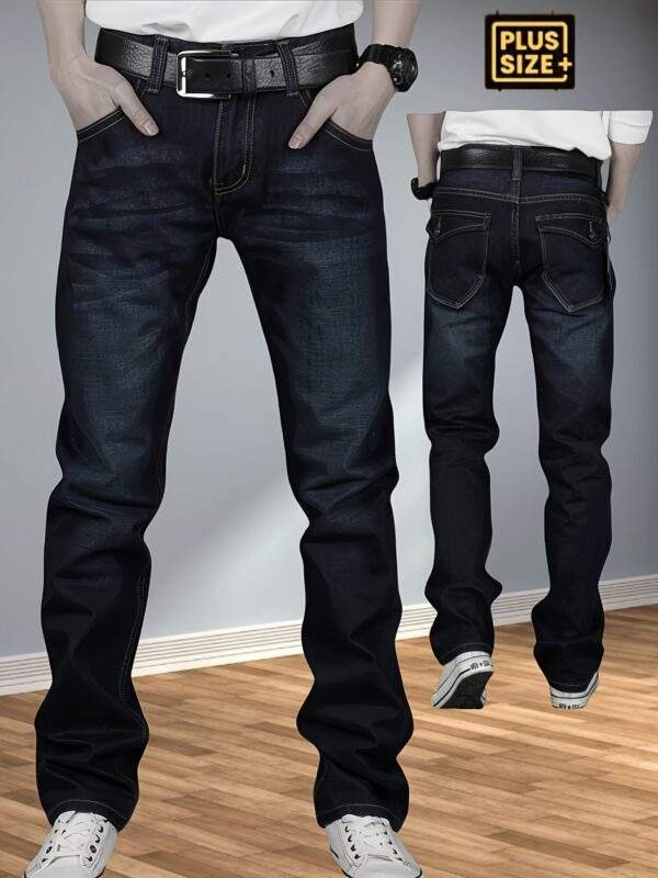 Plus-Size Men’s Stretchy Denim Pants – Comfortable Loose Straight Casual Trousers with Back Pockets & Flaps, All-Season, Plus Size