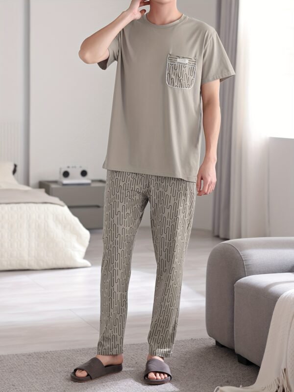 Men's Lightweight Cotton Pajama Set - Casual Solid Color Short Sleeve Tee & Pants, Breathable Summer Sleepwear with Pockets - Image 5