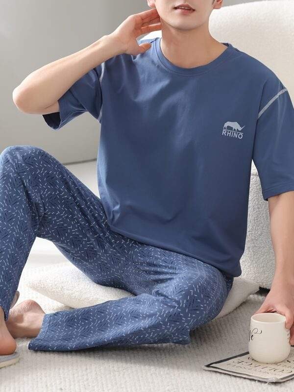 Men's Summer Cotton Pajama Set - Lightweight, Breathable Short Sleeve & Long Pants with Pockets, Casual Round Neck Sleepwear, Plus Size, Home Wear - Image 3