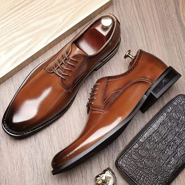 Men’s Solid Cowhide Derby Shoes – Plain Toe Lace-Up Dress Shoes with Non-Slip Sole - Image 7