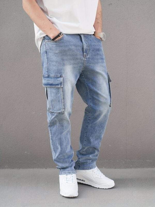 Men’s Plus Size Cargo Jeans – Stretch Denim, Slim Fit, Washed Blue, Pockets, Fall/Winter Casual Wear - Image 5