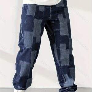 Men’s Plus Size Geometric Denim Jeans – Casual Straight-Leg, Button Closure, Pockets, Non-Stretch Fabric for Golf & Everyday Wear (Spring-Summer-Fall)