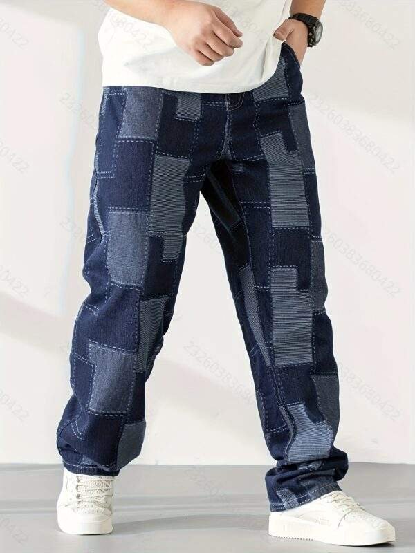 Men’s Plus Size Geometric Denim Jeans – Casual Straight-Leg, Button Closure, Pockets, Non-Stretch Fabric for Golf & Everyday Wear (Spring-Summer-Fall)
