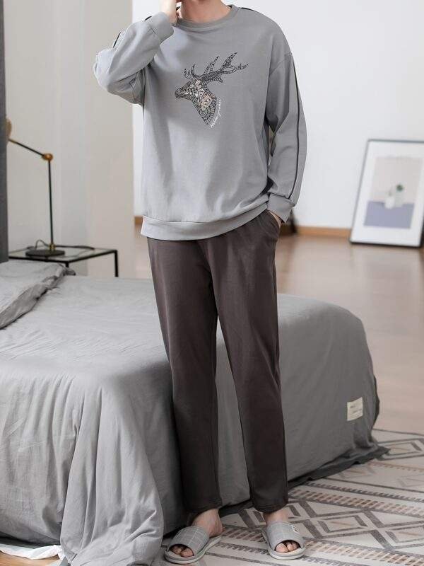 Men's 100% Cotton Sleepwear Set - Casual Spring/Fall Pajama Sets with Crew Neck, Long Sleeve, Pocket Detail, Loose Fit Knit Fabric - Comfy Solid Color Loungewear - Image 5