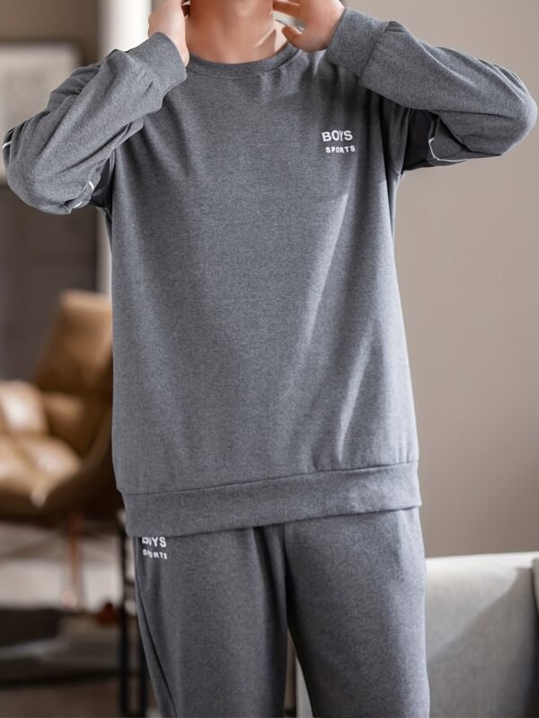 DOLAMI Men's Casual Cotton Pajama Set - 100% Cotton Crew Neck Long Sleeve Sleepwear with Pockets, Alphabets Pattern, Knit Fabric, Slight Stretch, Regular Fit Lounge Set for Spring/Fall - Image 3