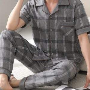 Men's Cotton Pajama Set - Lightweight, Breathable Summer Sleepwear with Short Sleeve Button-Up Top & Long Pants, Plus Size Available