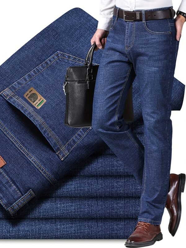 Men's Plus Size Business Casual Jeans – Light Blue Stretch Denim with Gold Buttons, Comfortable & Durable All-Season - Image 2