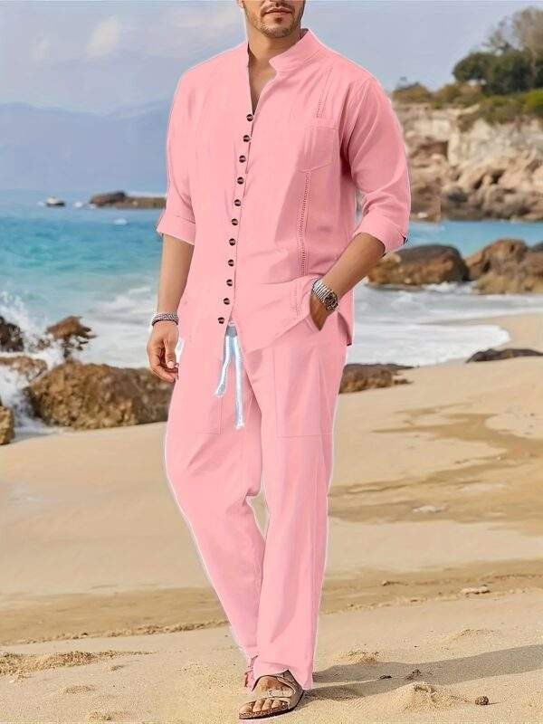 Spring and Autumn Men's Cotton Cuban Style Casual Suit, Fashionable Beach Two-Piece Set - Image 2
