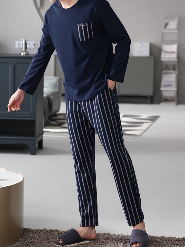 Men's Navy Blue Cotton Pajama Set - Long Sleeve, Crew Neck with Chest Pocket & Striped Elastic Waist Pants, Casual Comfortable Loungewear for Spring/Autumn, Plus Size Available, Plus Size Pajama Set - Image 4