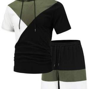 Men’s Spring/Summer Casual Sports Hoodie & Shorts Set – Short Sleeve, Three-Color Contrast, Outdoor Activewear