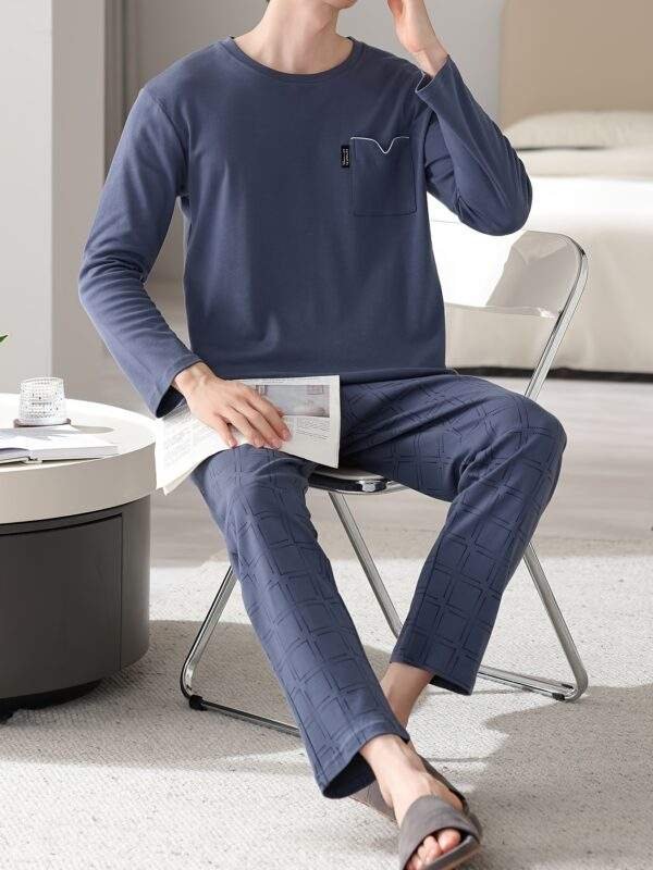 1set Men'S Casual Cotton Pajama Set, Long Sleeve Round Neck Sleepwear with Pockets, Loose Fit Knitted Pullover for Spring/Autumn - Comfortable Thin Cotton Outfit - Image 6