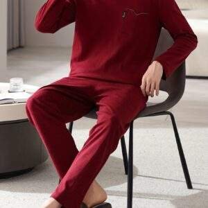 Red Men's Pure Cotton Pajamas Spring and Autumn Long Sleeve Birthday Year Christmas New Year Large Size Home Clothes Round Neck Casual Suit
