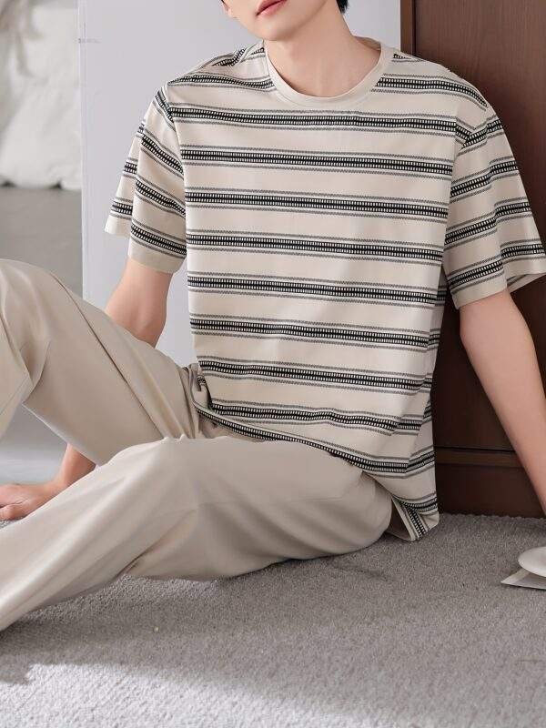 Men'S Summer Cotton Pajama Set - Casual Striped Short Sleeve & Pants, Breathable Loose Fit with Pockets, Round Neck, Lightweight for Home & Lounge Wear, Comfortable Clothing | Casual Style | Breathable Fabric - Image 2