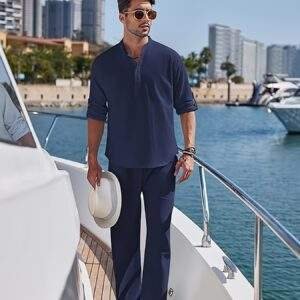 Men'S 2pcs Cotton Sweatsuit Set Casual Henley Long Sleeve Shirt and Beach Trousers with Pockets Yoga Outfit Solid Color Non-Stretch Woven Fabric Spring/Fall Button Details Regular Fit