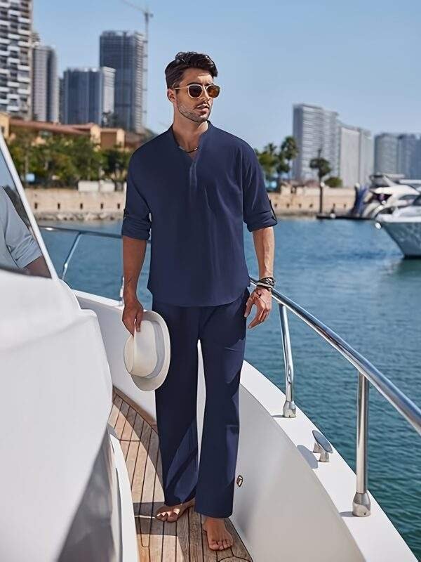 Men'S 2pcs Cotton Sweatsuit Set Casual Henley Long Sleeve Shirt and Beach Trousers with Pockets Yoga Outfit Solid Color Non-Stretch Woven Fabric Spring/Fall Button Details Regular Fit