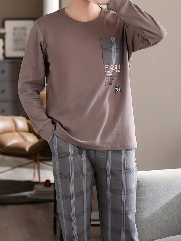 1set DOLAMI Men'S Cotton Pajama Set - Casual Crew Neck Long Sleeve Tartan PJs with Pocket, Slight Stretch Knit Fabric, Regular Fit Sleepwear for Spring/Fall - Image 4
