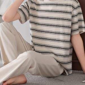 Men'S Summer Cotton Pajama Set - Casual Striped Short Sleeve & Pants, Breathable Loose Fit with Pockets, Round Neck, Lightweight for Home & Lounge Wear, Comfortable Clothing | Casual Style | Breathable Fabric