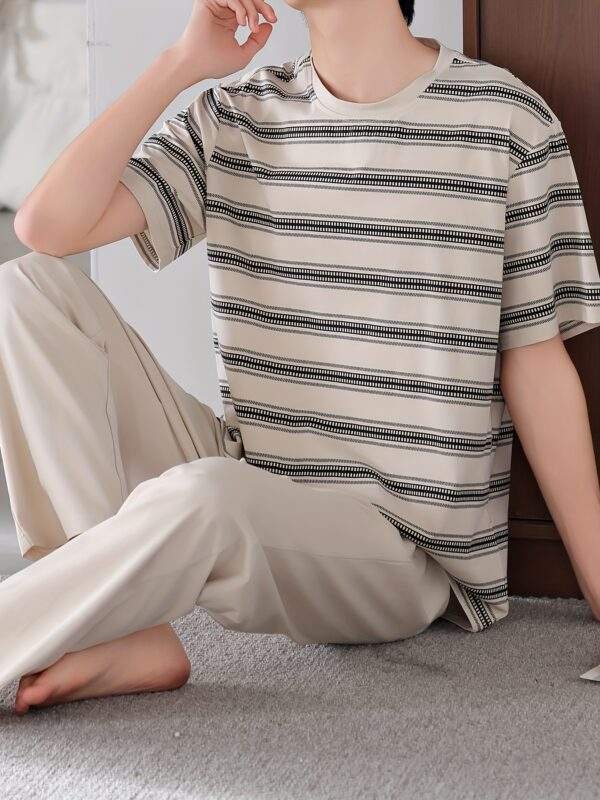 Men'S Summer Cotton Pajama Set - Casual Striped Short Sleeve & Pants, Breathable Loose Fit with Pockets, Round Neck, Lightweight for Home & Lounge Wear, Comfortable Clothing | Casual Style | Breathable Fabric