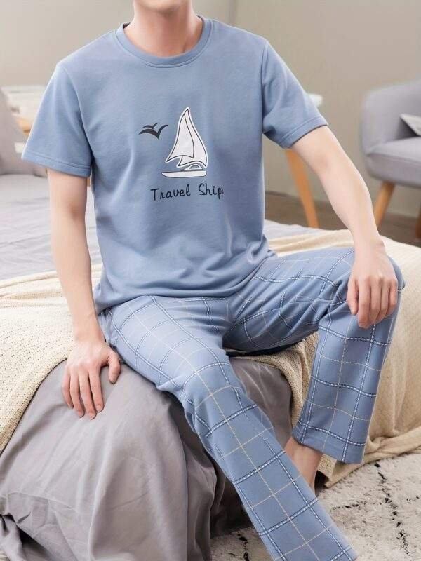 Men's Summer Cotton Pajama Set - Casual & Comfy Short Sleeve Tee with Long Pants, Breathable Lightweight Sleepwear - Image 2