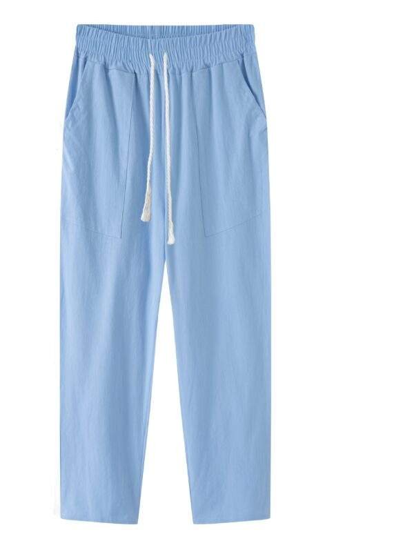 Summer Men'S Cotton Two-Piece V-Neck Short-Sleeved Top Trousers Set Casual Beach Suit - Image 7