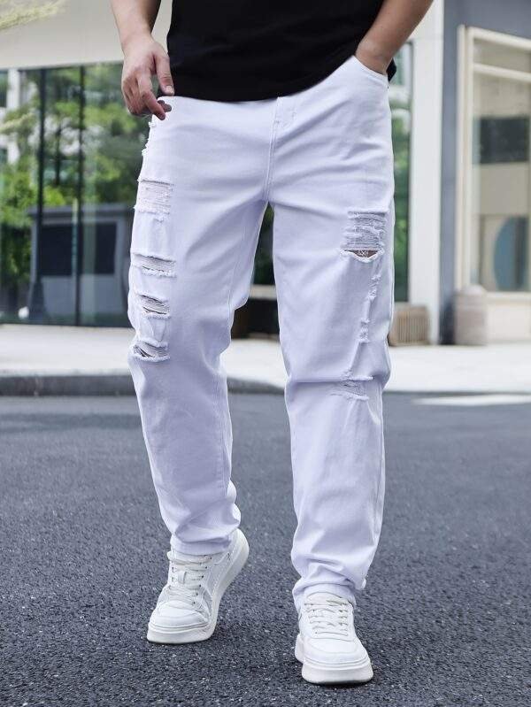 Men’s Plus Size Ripped Skinny Jeans – High Stretch Cotton-Elastane Blend, Solid Color, All-Season, 369g/m² Fabric - Image 3