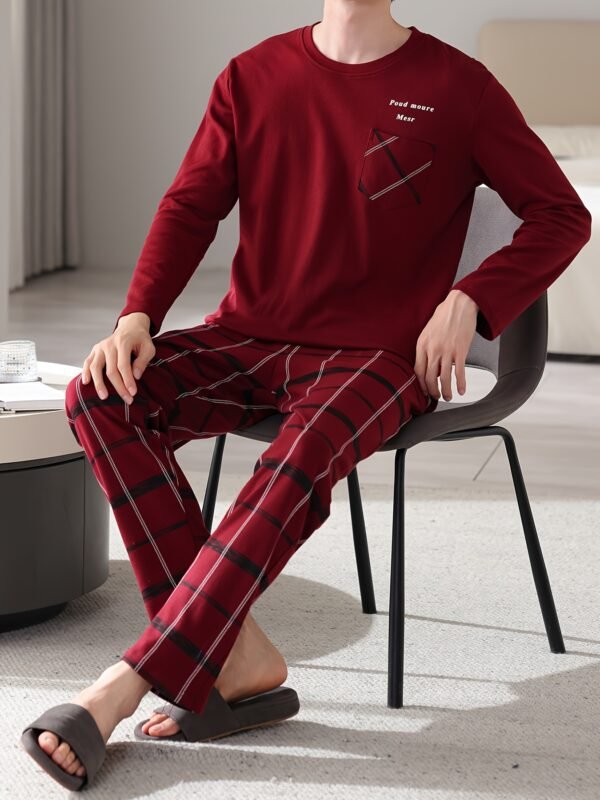 Red Men's Pure Cotton Pajamas Spring and Autumn Long Sleeve Birthday Year Christmas New Year Large Size Home Clothes Round Neck Casual Suit - Image 2