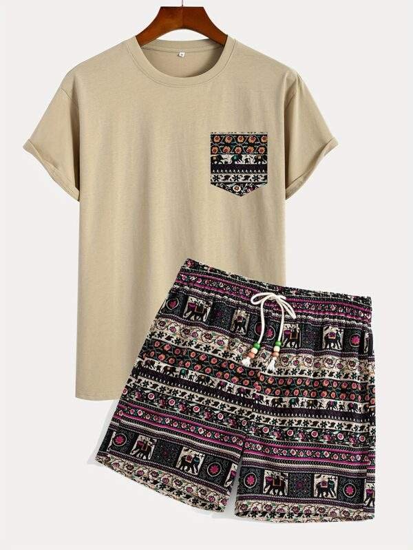 1 Set Boho Tribal Print Cotton T-Shirt and Shorts, Crew Neck Loose Fit with Slight Stretch, Casual Drawstring Bottoms, Knit Fabric, Spring Season Outfit - Image 5
