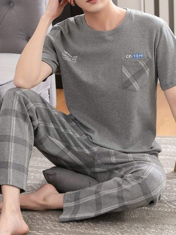 Men'S Summer Pajamas Made of Pure Cotton, Featuring Short Sleeves And Long Pants, Lightweight And Available in Plus Sizes for Young Adults. - Image 4