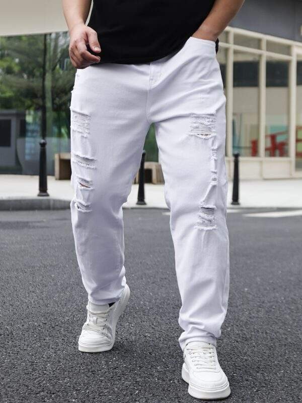 Men’s Plus Size Ripped Skinny Jeans – High Stretch Cotton-Elastane Blend, Solid Color, All-Season, 369g/m² Fabric - Image 4