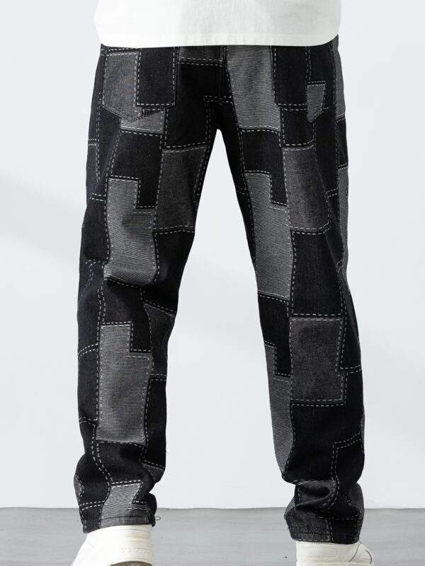 Men’s Plus Size Casual Checkered Straight-Leg Denim Pants – Loose Fit, Geometric Pattern, All-Season Blend - Image 4