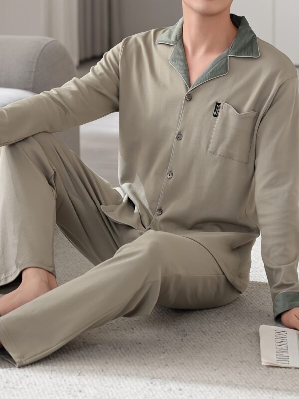 Men's Cotton Pajama Set - Casual Long Sleeve Button-Up Top & Pants, Breathable & Comfortable Loungewear for Spring/Fall - Image 4