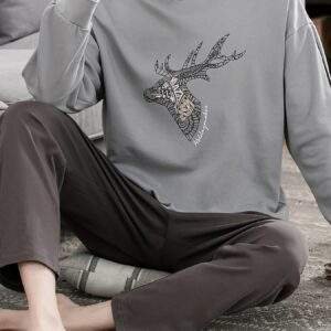 Men's 100% Cotton Sleepwear Set - Casual Spring/Fall Pajama Sets with Crew Neck, Long Sleeve, Pocket Detail, Loose Fit Knit Fabric - Comfy Solid Color Loungewear