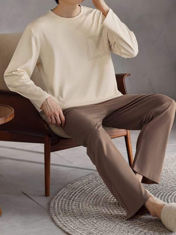 Men's Cotton Sleepwear Set - Casual Crew Neck Long Sleeve Pajama with Pockets - Geometric Pattern Knit Fabric Lounge Set for Spring/Fall - 100% Cotton Comfortable PJ Set with Slight Stretch