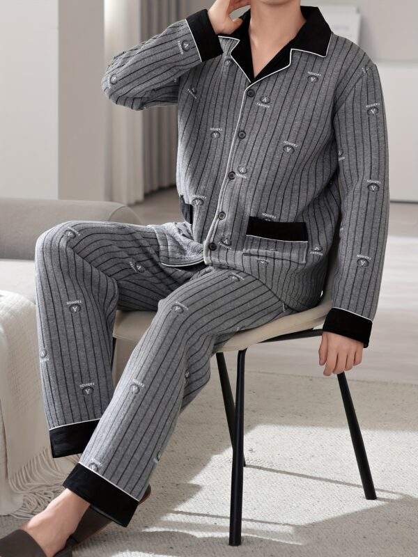 Men'S Casual Cotton Pajama Set with Lapel Collar, Geometric-Pattern, Long Sleeve, Loose Fit, Slight Stretch, Knit Fabric, Winter Warm Thickened, Triple-Layer Cotton Lined Sleepwear with Pockets - Image 4