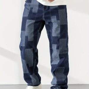 Men’s Plus Size Casual Checkered Straight-Leg Denim Pants – Loose Fit, Geometric Pattern, All-Season Blend