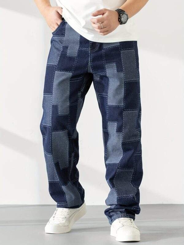 Men’s Plus Size Casual Checkered Straight-Leg Denim Pants – Loose Fit, Geometric Pattern, All-Season Blend