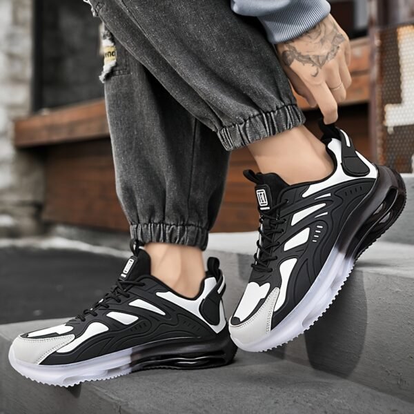 Men's Breathable High-Elasticity Shock-Absorbing Casual Sneakers - Lightweight Low-Top Outdoor Running Shoes with Cushioned EVA Sole, Durable PU Upper & Fabric Lining for Hiking, Daily Wear (Black/Golden Accents) - Image 9