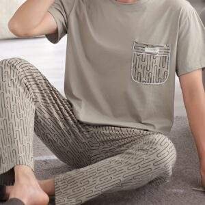 Men's Lightweight Cotton Pajama Set - Casual Solid Color Short Sleeve Tee & Pants, Breathable Summer Sleepwear with Pockets