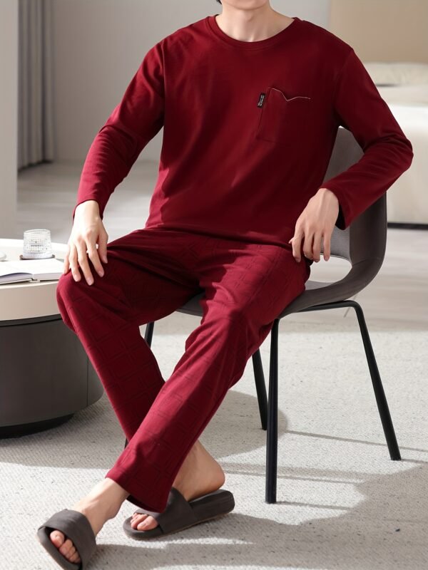 Red Men's Pure Cotton Pajamas Spring and Autumn Long Sleeve Birthday Year Christmas New Year Large Size Home Clothes Round Neck Casual Suit - Image 3