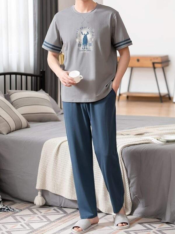 Summer Men's Pajamas Pure Cotton Short Sleeve Long Pants Slim Fit Plus Size Youth Loose Home Wear Set - Image 5