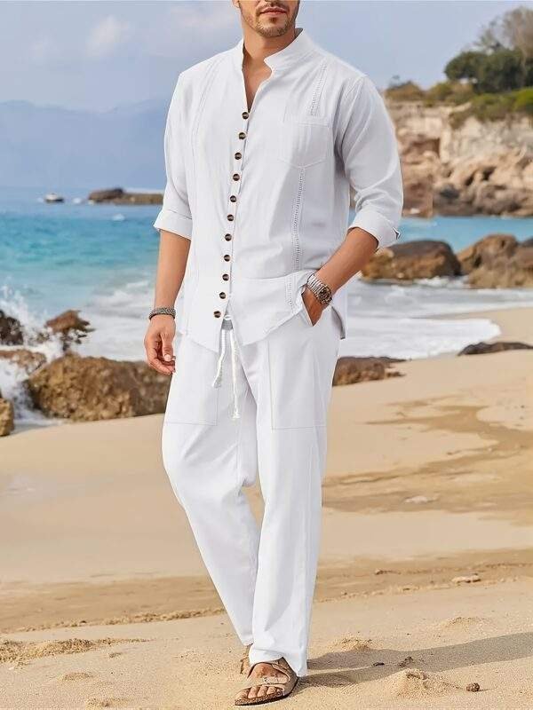 Spring and Autumn Men's Cotton Cuban Style Casual Suit, Fashionable Beach Two-Piece Set - Image 6