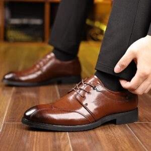 Men’s Vintage Lace-Up Dress Shoes – Brown Faux Leather, Pointed Toe, Business Casual