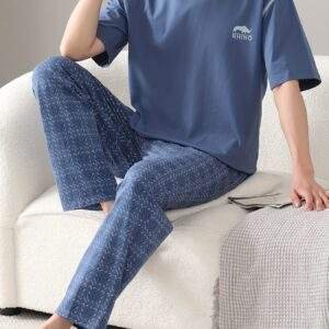 Men's Summer Cotton Pajama Set - Lightweight, Breathable Short Sleeve & Long Pants with Pockets, Casual Round Neck Sleepwear, Plus Size, Home Wear