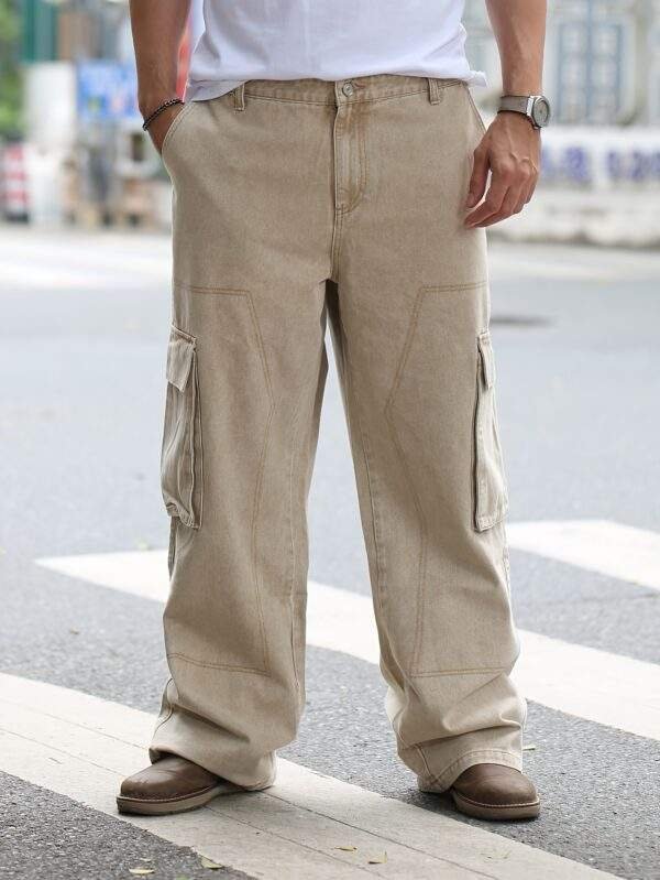 Plus Size Men’s Solid Color Loose Straight Denim Jeans with Side Pockets – Washed Work Style - Image 3