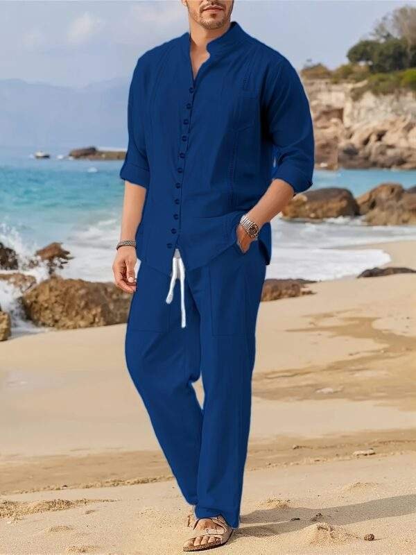 Spring and Autumn Men's Cotton Cuban Style Casual Suit, Fashionable Beach Two-Piece Set - Image 7