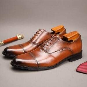 Men’s Vintage Cap Toe Oxford Shoes – Split Cow Leather, Non-Slip Formal Footwear