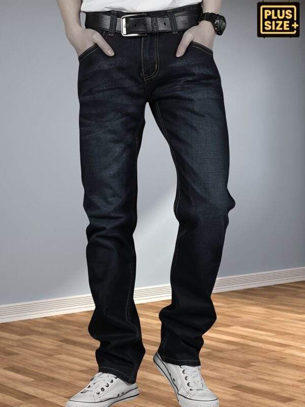 Plus-Size Men’s Stretchy Denim Pants – Comfortable Loose Straight Casual Trousers with Back Pockets & Flaps, All-Season, Plus Size - Image 3