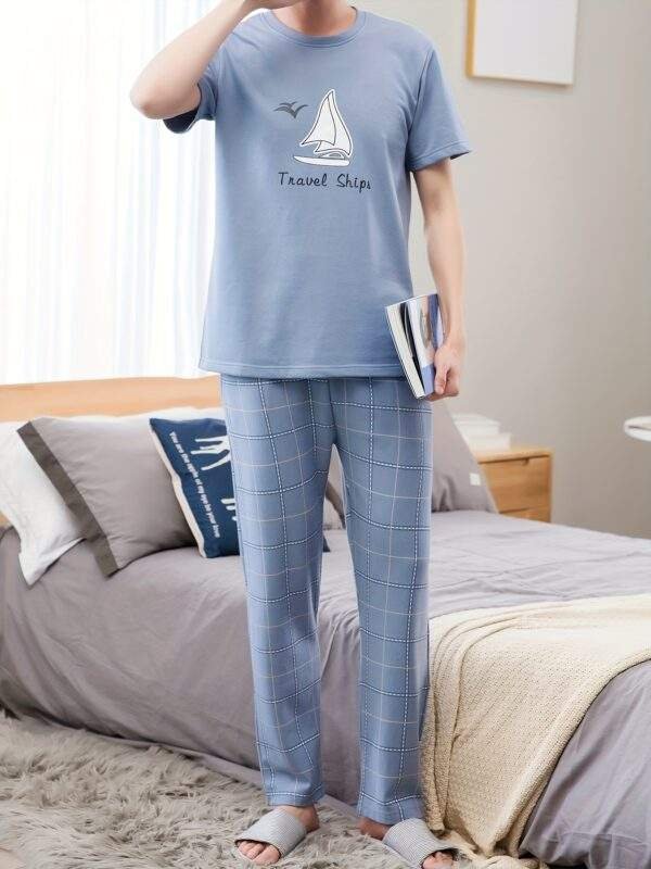Men's Summer Cotton Pajama Set - Casual & Comfy Short Sleeve Tee with Long Pants, Breathable Lightweight Sleepwear - Image 5